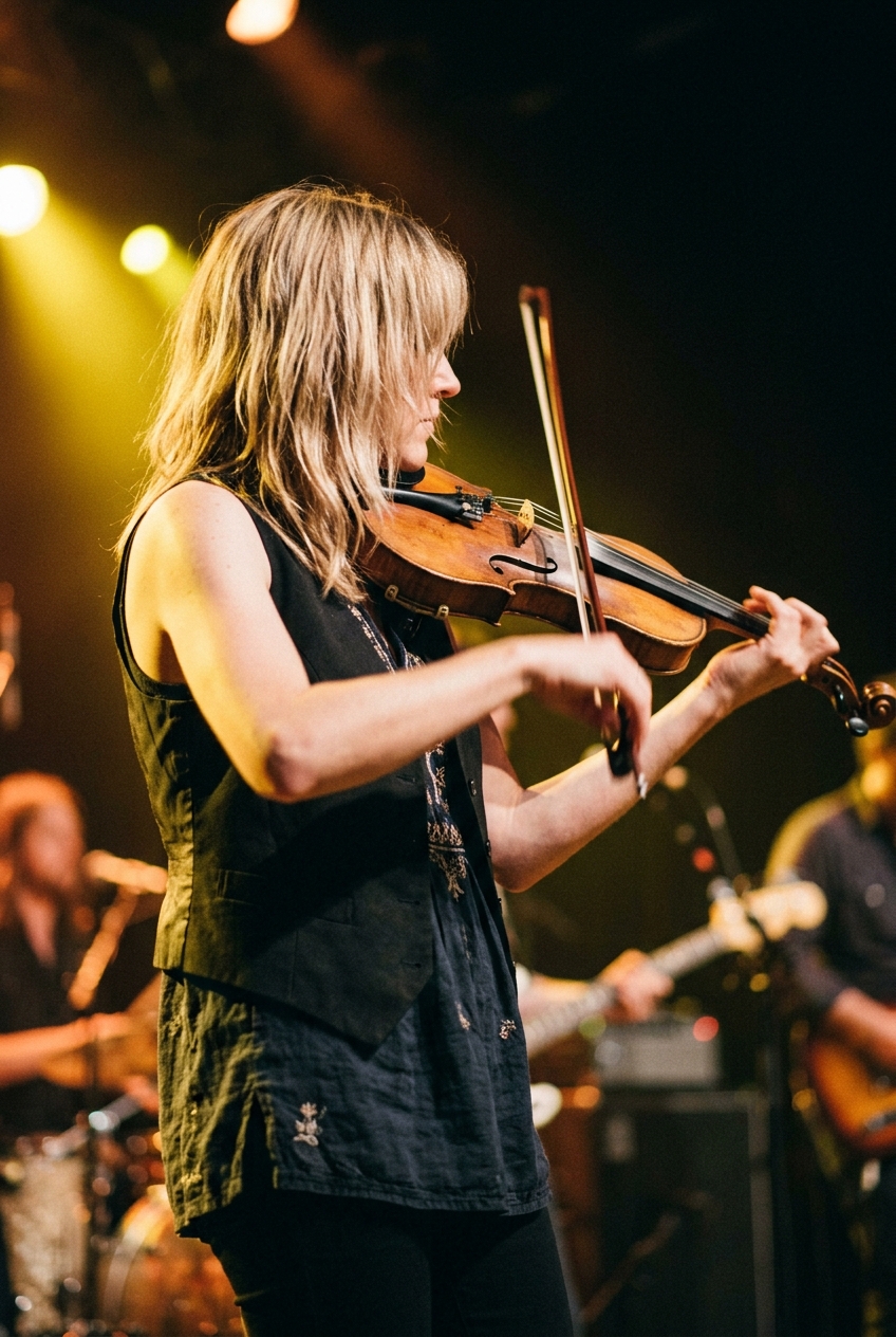 Side profile of a blonde musician on a concert stage holding a fiddle and bow under warm spotlights.