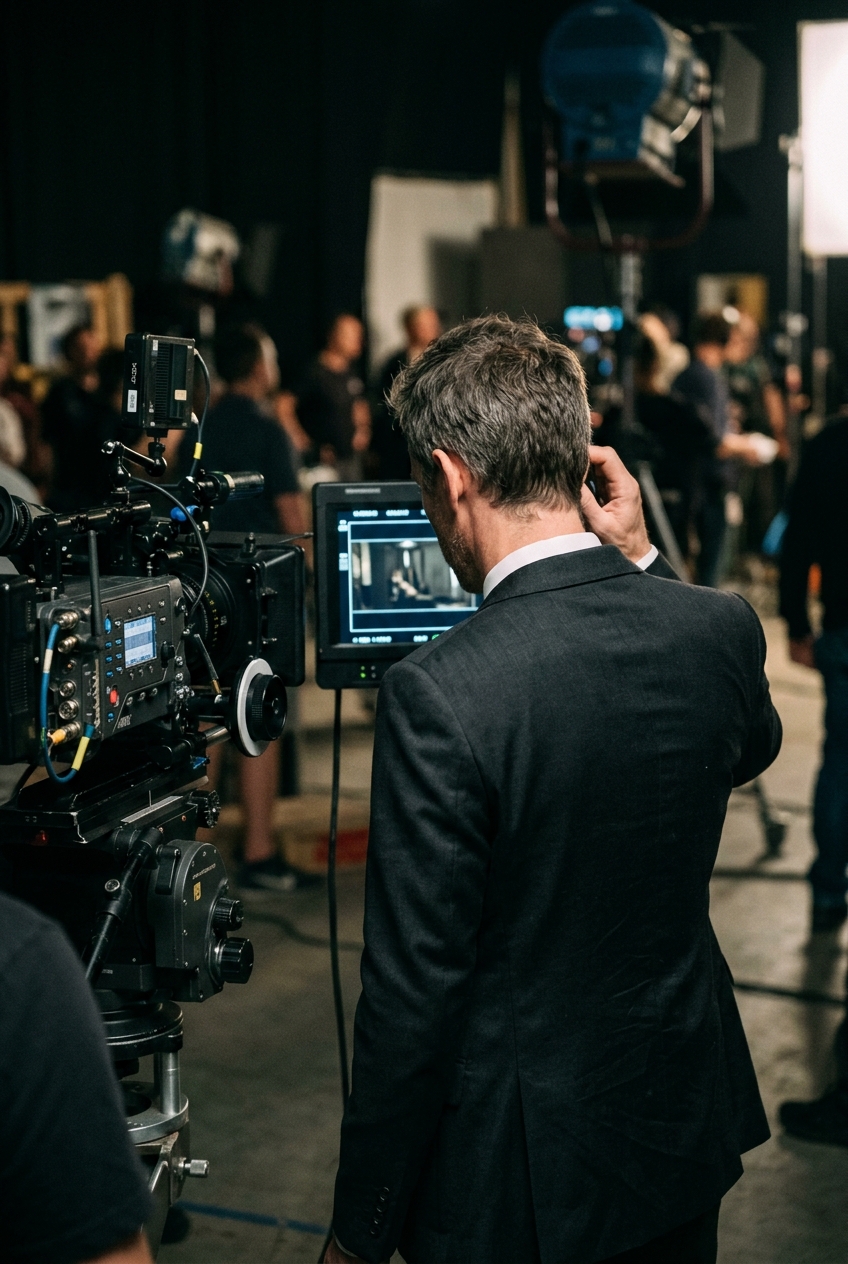A film director in a dark suit seen from behind next to a camera on a studio set.