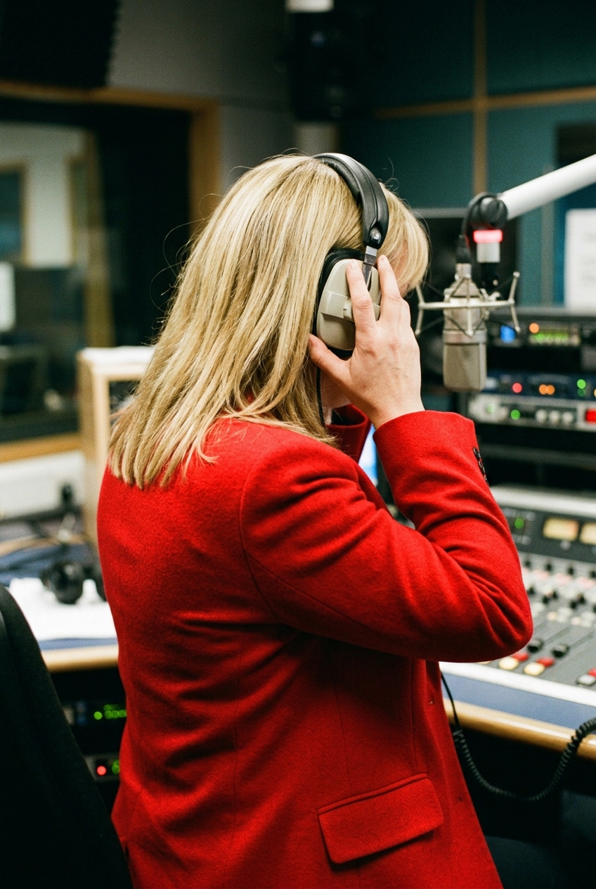 Back view of Sadie Nine sitting in a radio studio wearing headphones at a sound console.