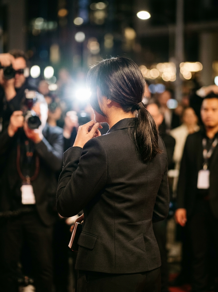 Back view of an Indonesian actress in an elegant dark blazer standing against softly lit red carpet backdrop.