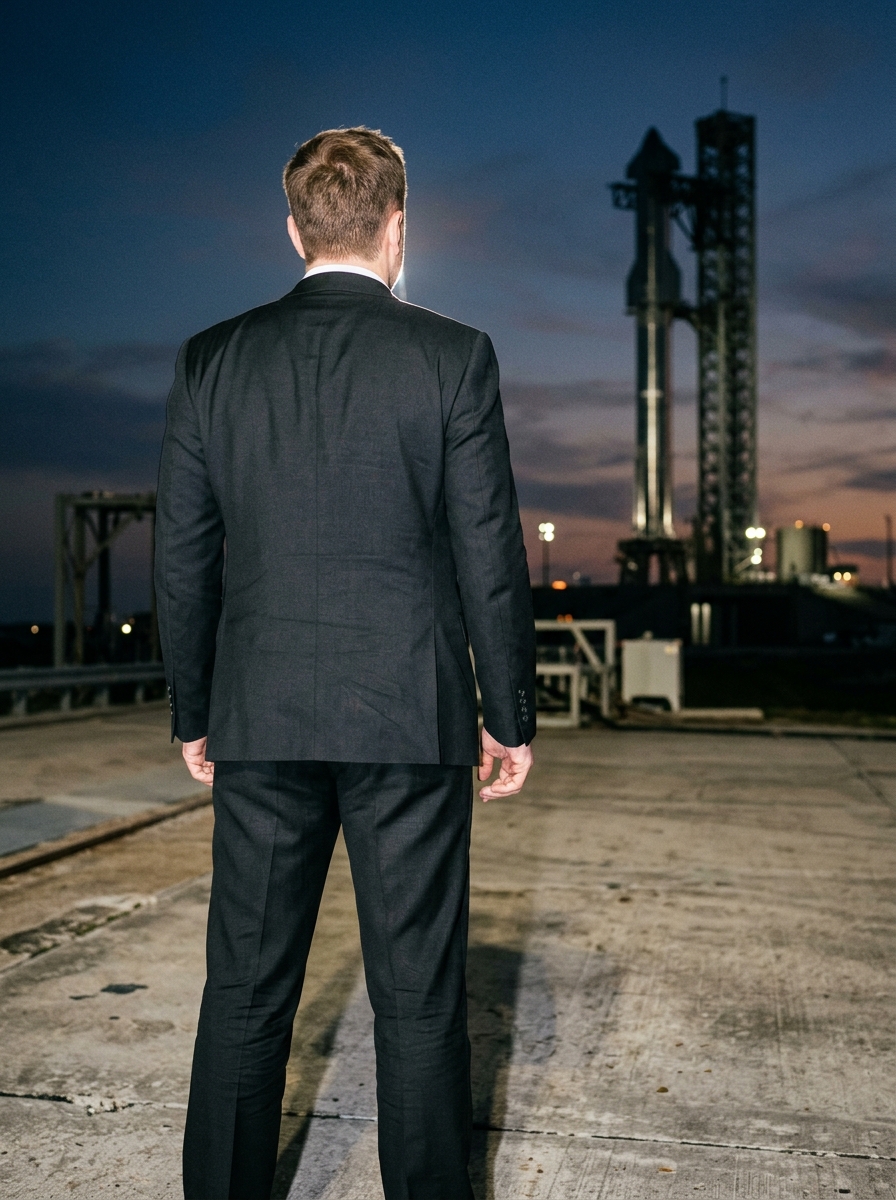 Back view of a tall man in a dark blazer looking out toward a towering rocket on a launchpad at sunset.