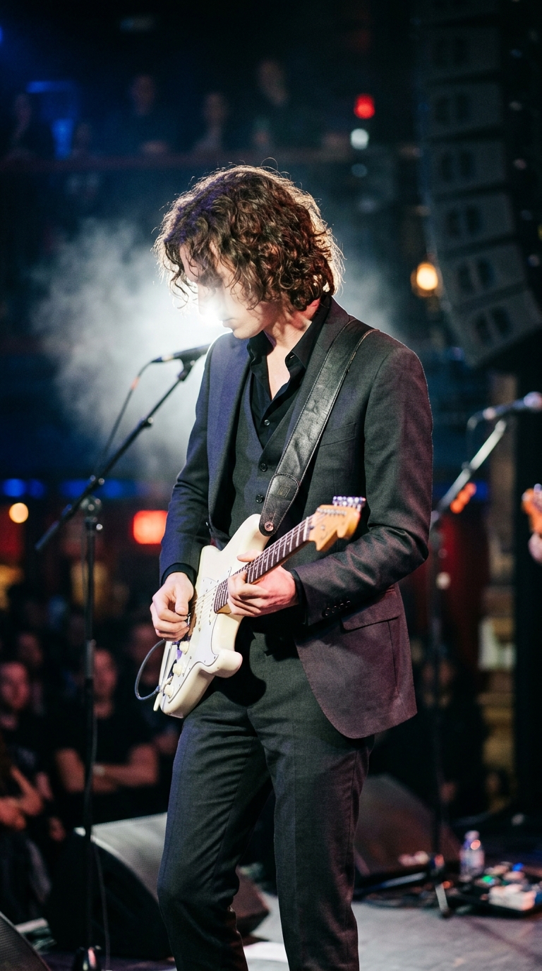 A slim guitarist in a dark tailored suit plays a white electric guitar on a dimly lit stage with his face turned away.