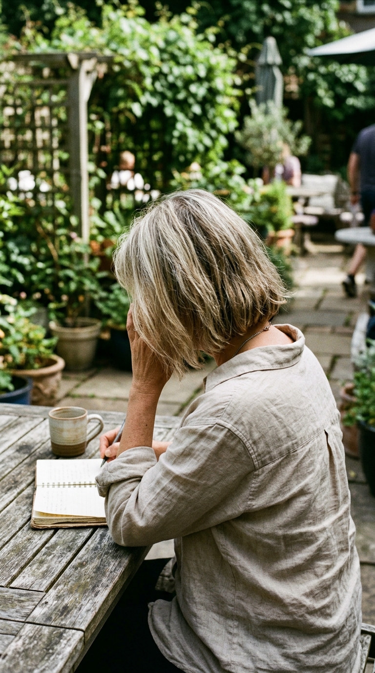 Author seated outdoors at a wooden writing desk with her back to the camera.