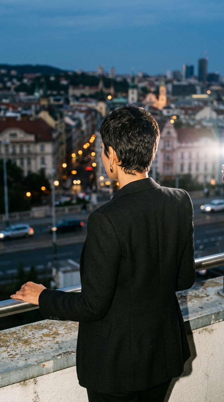 Back view of a woman with short cropped dark hair wearing a sharp black blazer.