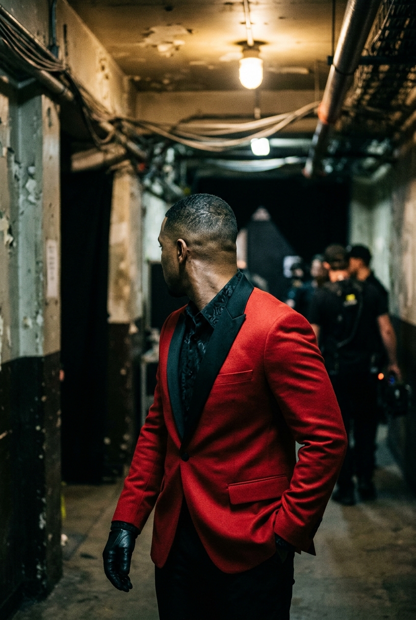 Back view of a Canadian male singer walking through a neon-lit backstage hallway wearing a tailored red suit.