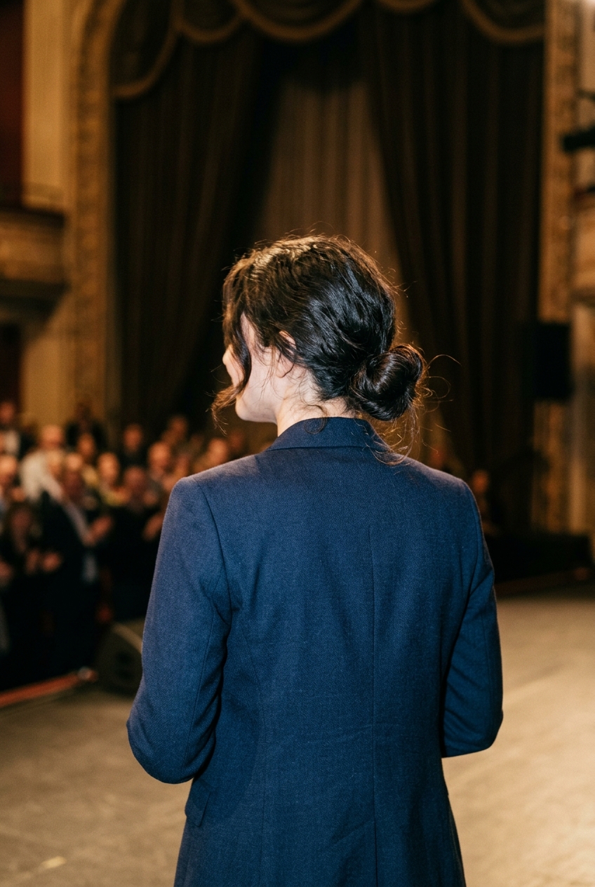 Back view of actress and playwright Alina Șerban standing in a tailored suit against a warm theater backdrop.
