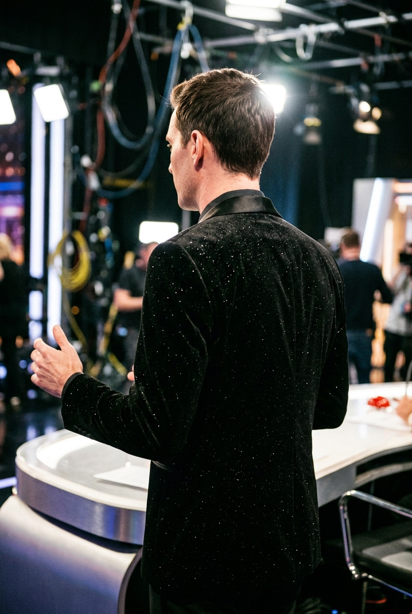 Back view of a tall performer wearing a sparkling black tuxedo jacket under bright studio lights.