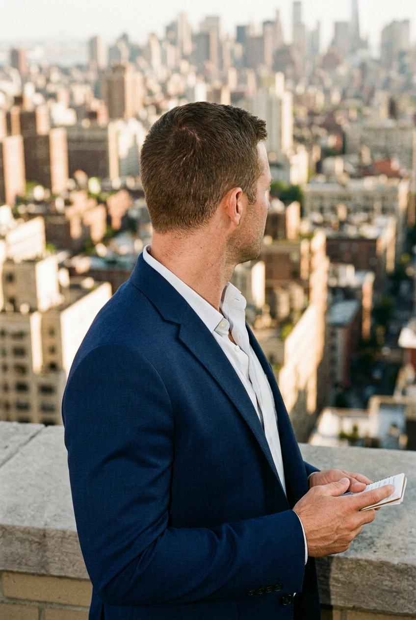 An athletic man in a tailored navy blazer photographed from behind while overlooking a city terrace.