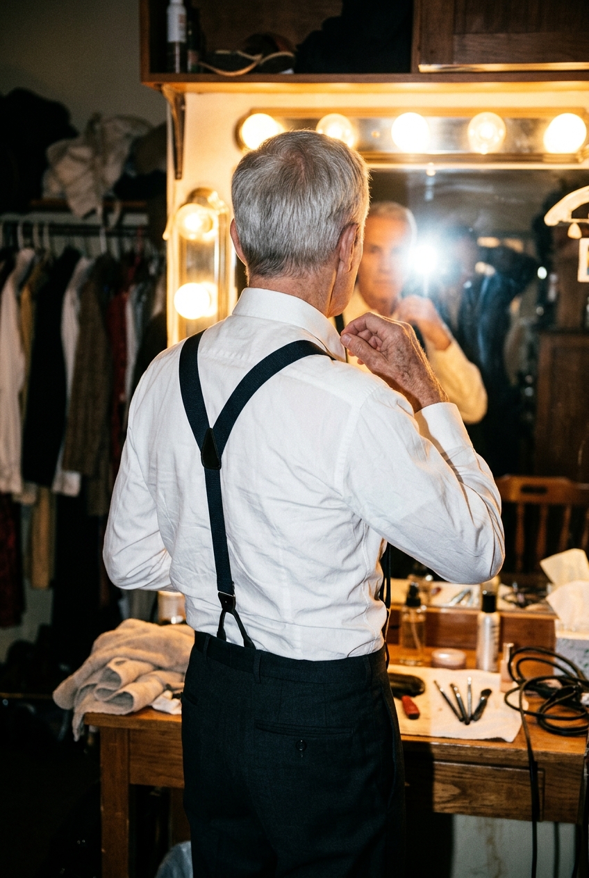 Back view of a performer in stage attire standing in a brightly lit dressing room.