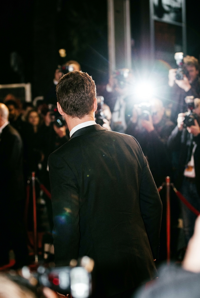 A tall man in a black tuxedo jacket seen from behind against flashing cameras on a movie red carpet.
