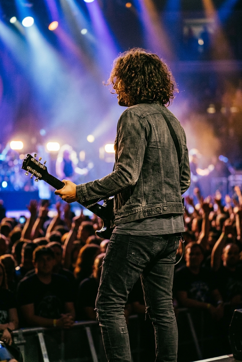 A guitarist with shoulder-length curly dark hair holding an electric guitar on stage under concert lights, seen from behind.