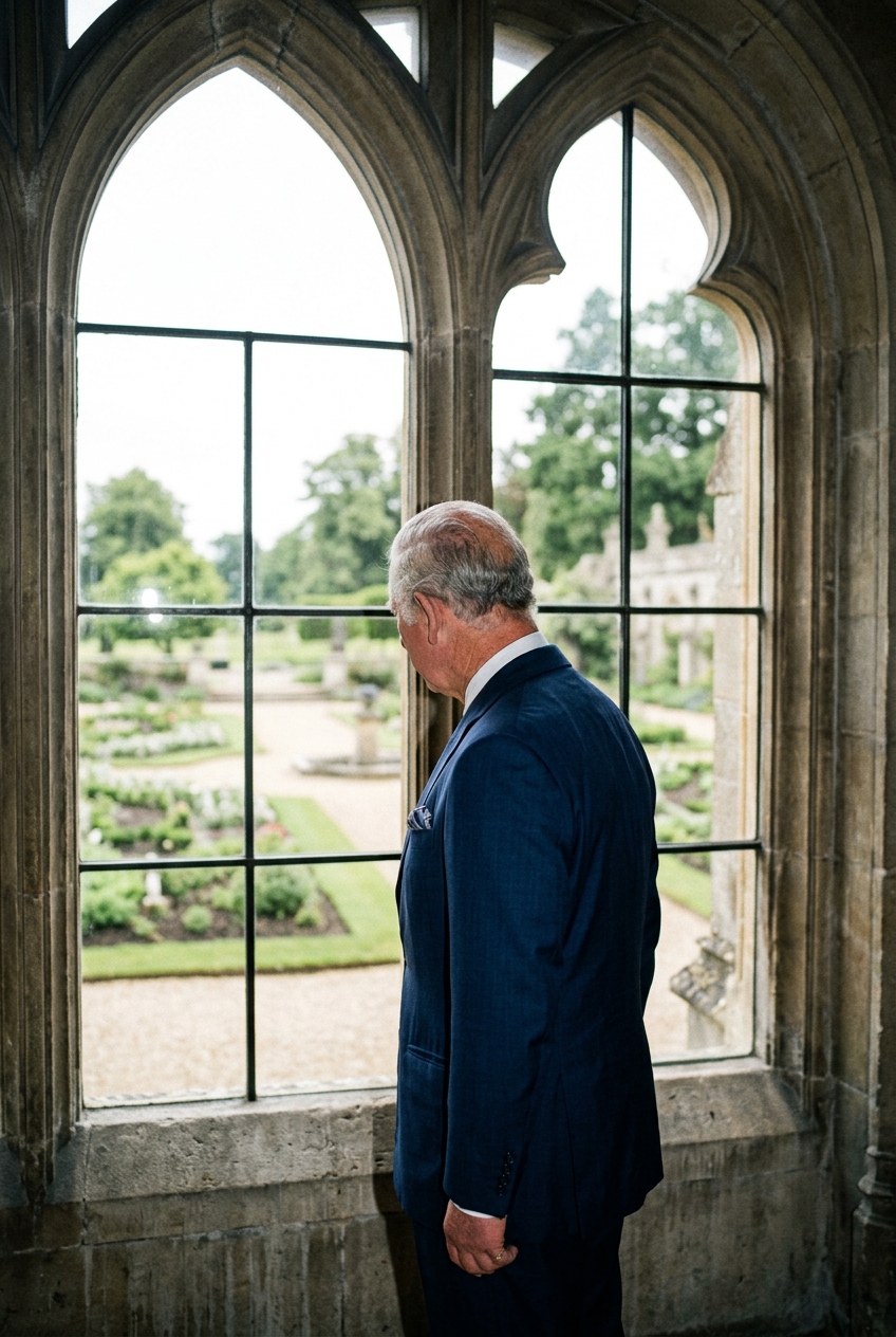 A tailored royal figure seen from behind while looking out an arched window onto formal gardens.