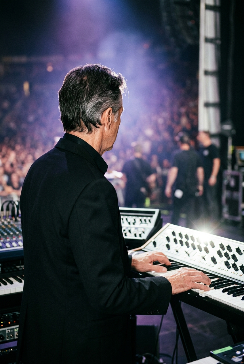Back view of a musician in a black jacket playing a stage keyboard under bright concert spotlights.