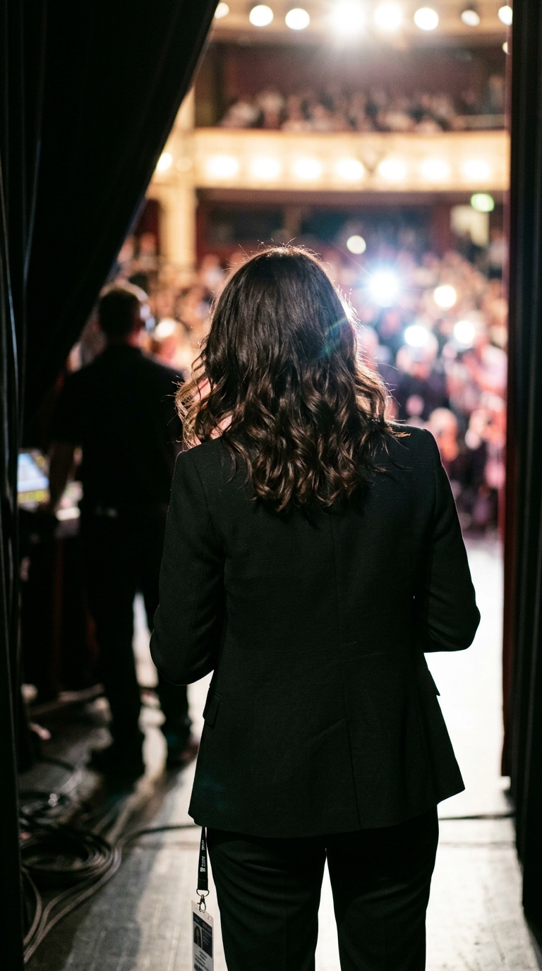Back view of a woman with dark wavy hair in a tailored black suit looking toward stage lights at a premiere.