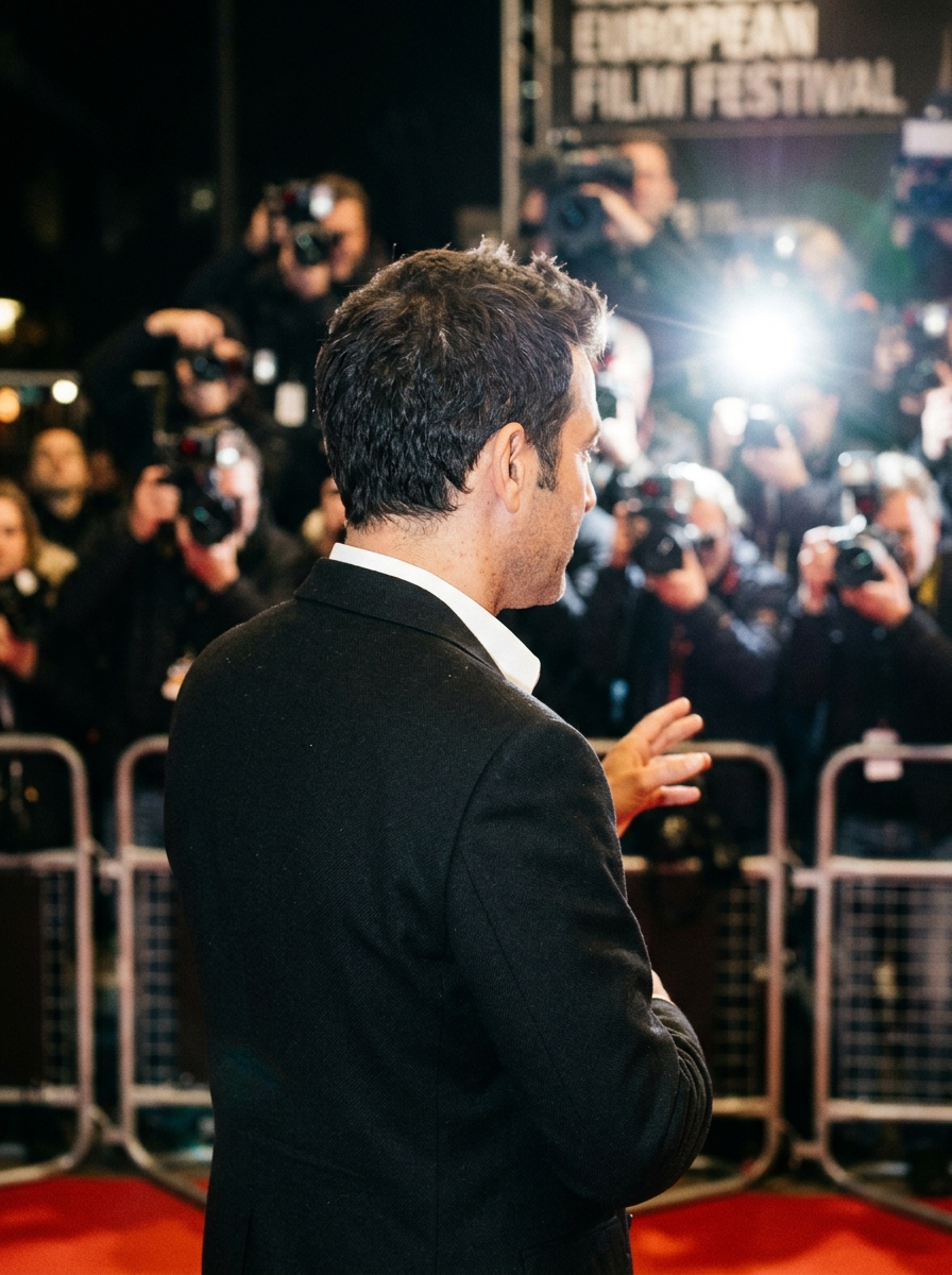 A film director in a dark suit standing on a red carpet viewed from behind.