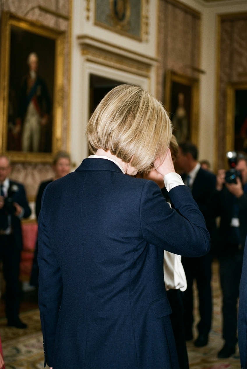 Back view of a woman with short blonde hair wearing a tailored royal outfit in a formal reception room.