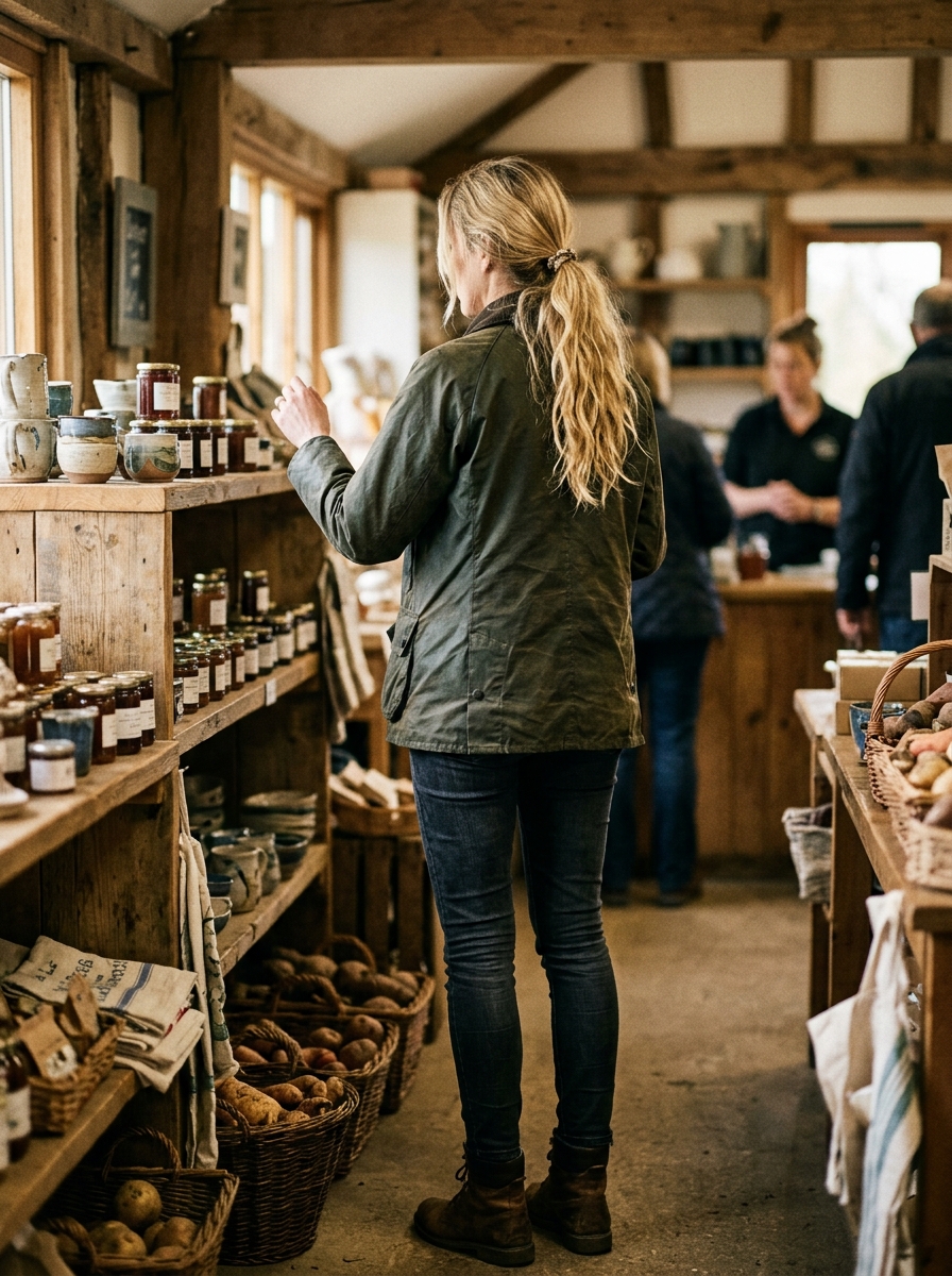 A woman with long blonde hair in a green waxed jacket viewed from behind in a rustic farm shop setting.