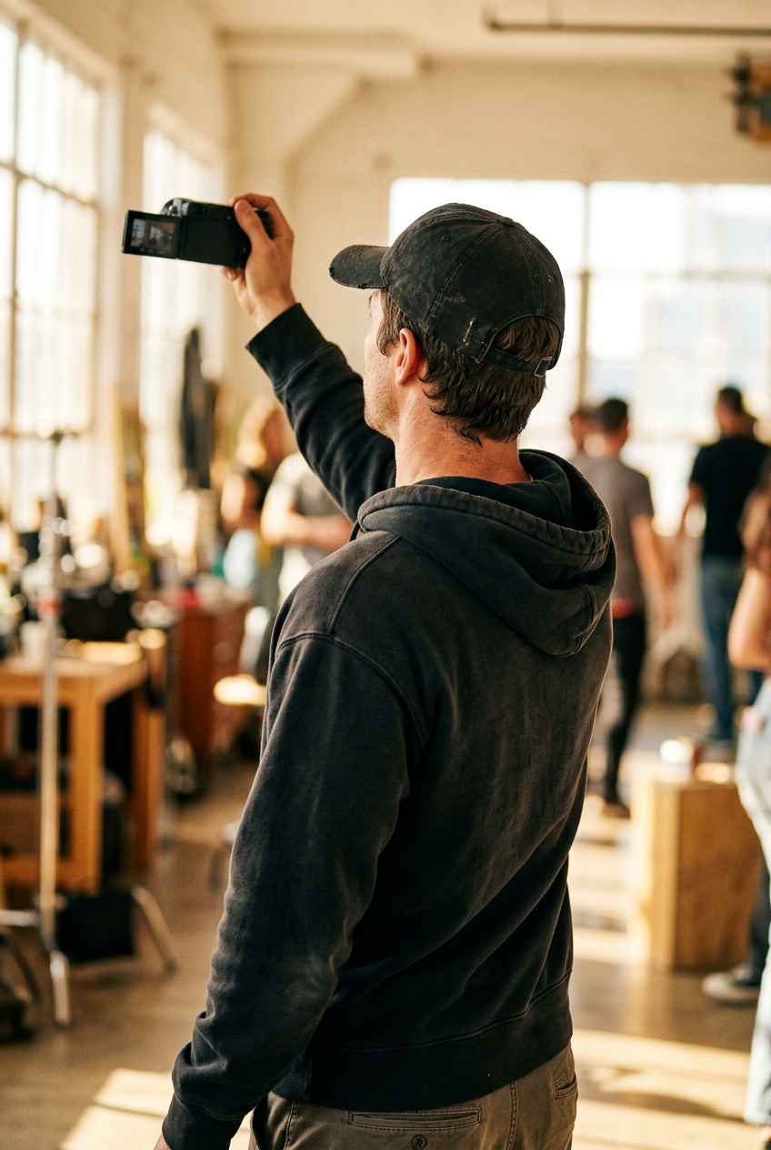 Back view of a casual content creator holding a small vlogging camera in a bright studio.